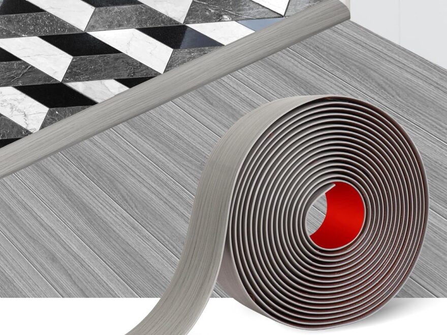 FONUNO self adhesive floor transition strip in a gray wood-grain finish, shown as a roll at a doorway floor edge