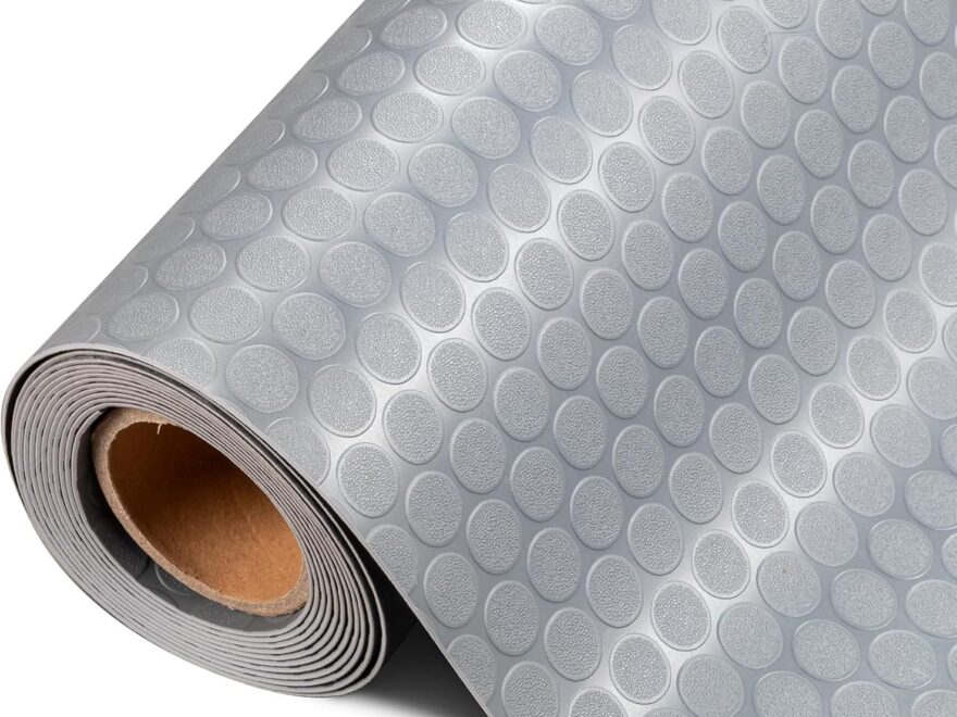 TUFFIOM 7.5x17 FT waterproof PVC garage floor mat roll with gray raised coin texture