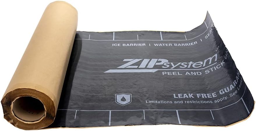 ZIP System Peel & Stick Underlayment adhesive roof membrane roll with black textured sheet and brown backing paper