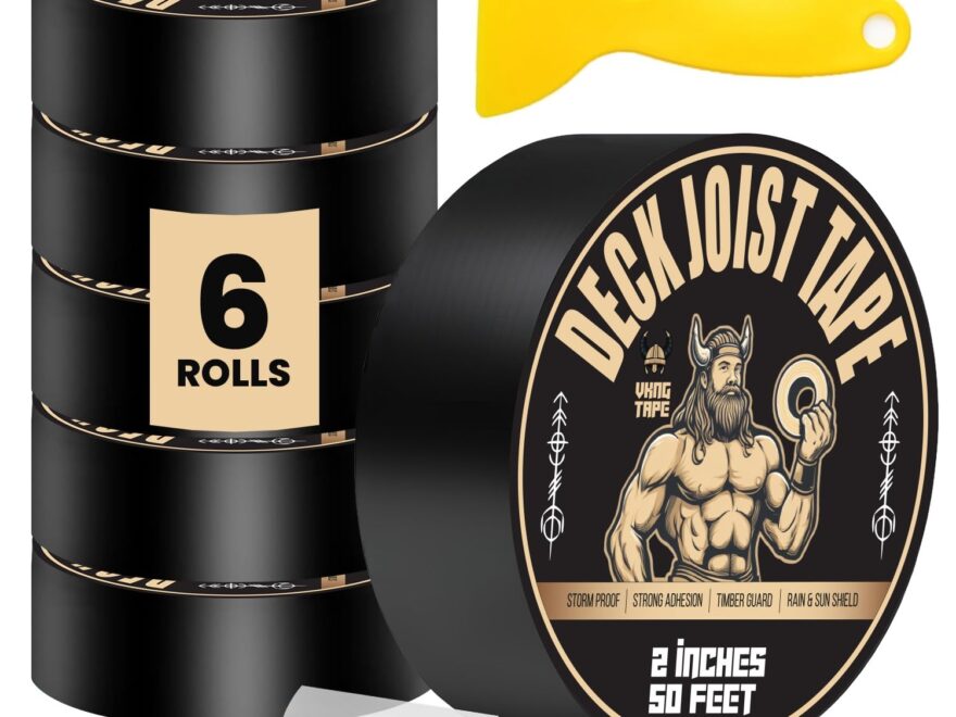 Viking Tape Deck Joist Butyl Tape rolls, black waterproof joist protection tape with peel-back backing and yellow scraper