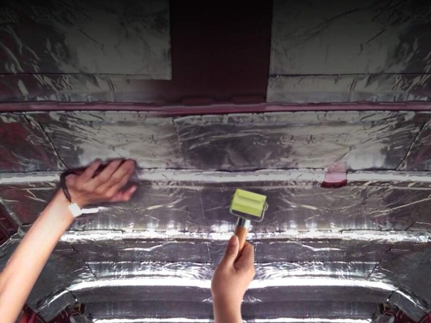 LUMITECO Bearings Equipped Seam Roller applying adhesive sound deadening mat to vehicle interior metal panel