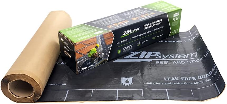 ZIP System Peel & Stick Underlayment roof membrane, black textured sheet with roll, backing paper, and product box