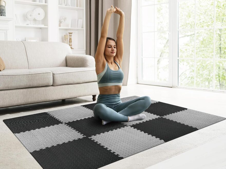 GWT Interlocking EVA Foam Floor Tiles 24x24 inch 12 pack in black and gray checker pattern with textured surface