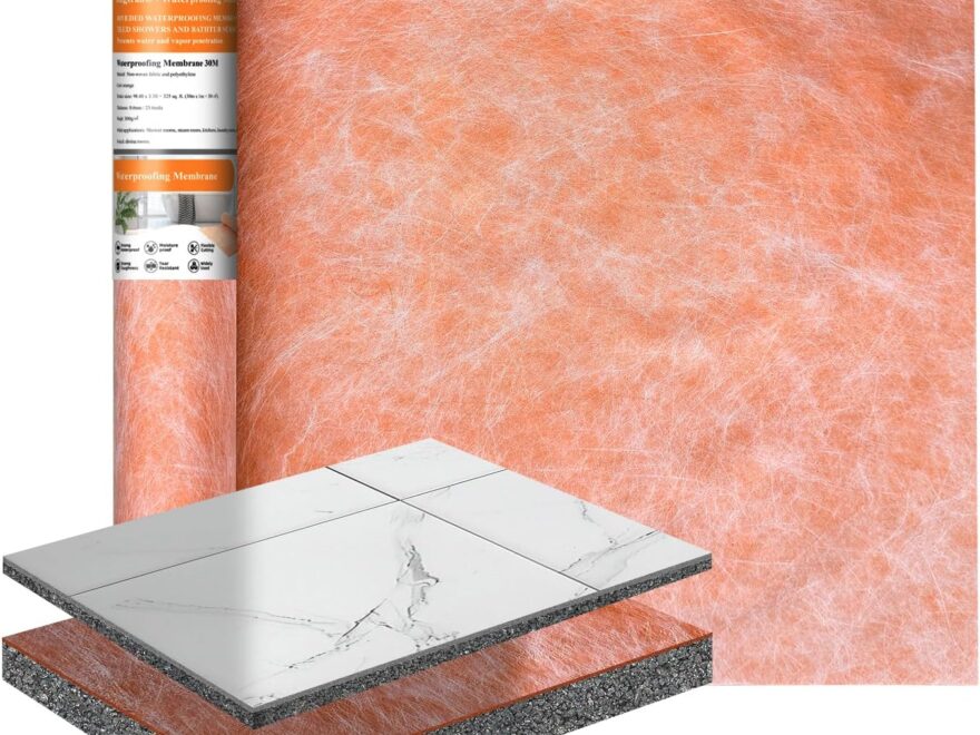 Waterproofing Membrane 3.3 ft x 32.8 ft shower roll with orange textured sheet and layered tile underlayment view