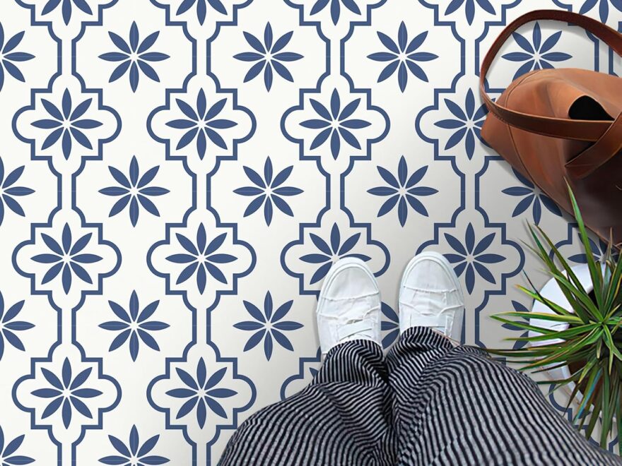 MORCART peel and stick floor tile with blue floral geometric pattern in bathroom or kitchen setting