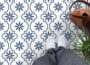 MORCART peel and stick floor tile with blue floral geometric pattern in bathroom or kitchen setting