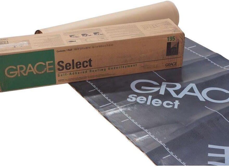 Grace Select 36 in. x 195 sq. ft. roll roofing underlayment with black textured sheet and cardboard box