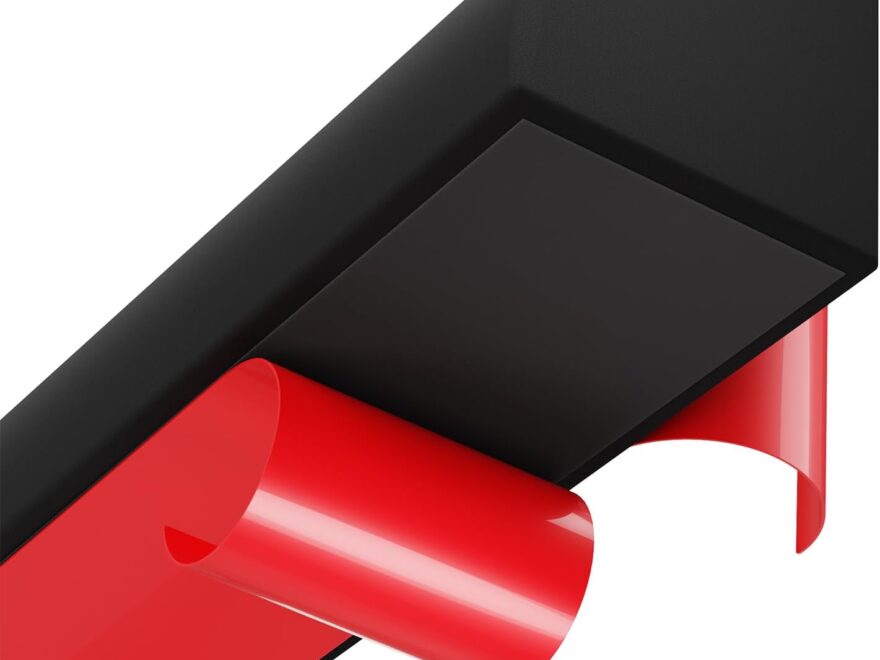 Product Overview black textured peel-and-stick sheet with red backing in a curled roll form