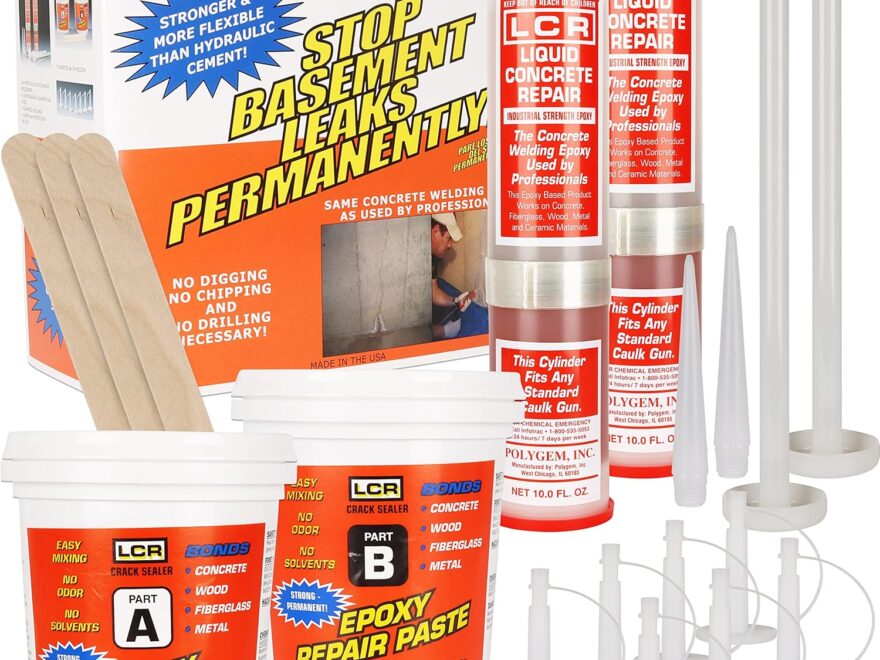 Polygem LCR Epoxy Concrete Crack Repair Kit with repair paste tubs, liquid cartridges, nozzles, and mixing sticks.