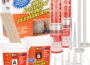Polygem LCR Epoxy Concrete Crack Repair Kit with repair paste tubs, liquid cartridges, nozzles, and mixing sticks.