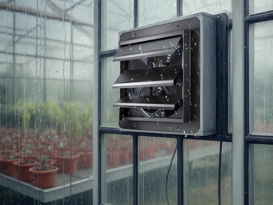 GROWNEER 12 Inch Shutter Exhaust Fan with black louvers and smart remote control, mounted on a rainy greenhouse window