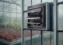 GROWNEER 12 Inch Shutter Exhaust Fan with black louvers and smart remote control, mounted on a rainy greenhouse window