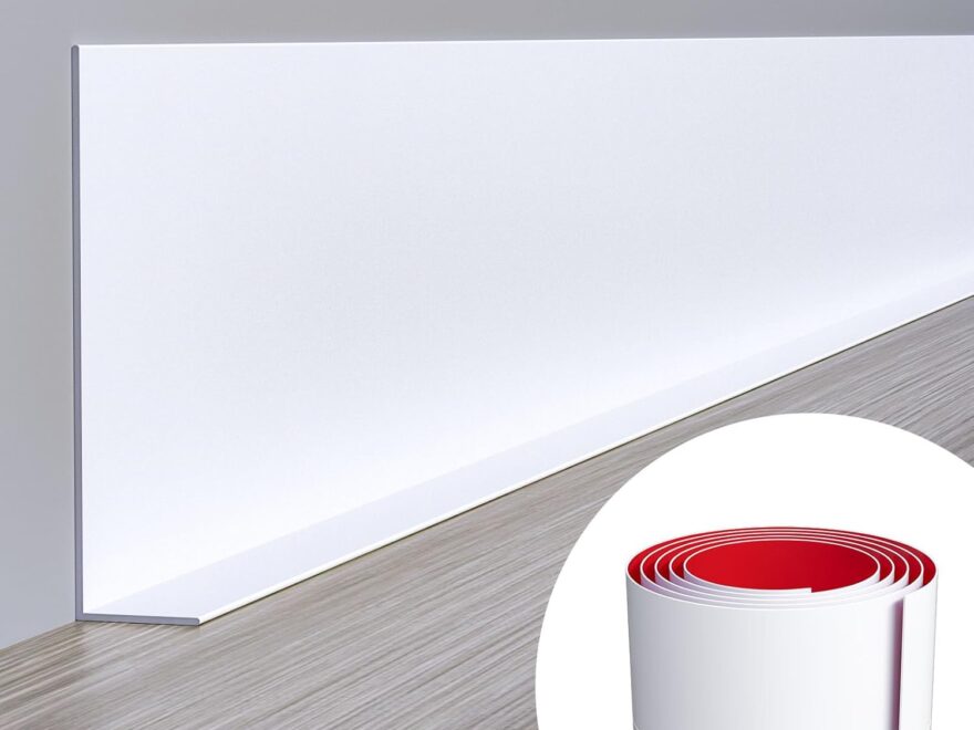 Duzzy flexible baseboard molding trim in white roll form with red adhesive backing, shown installed along a wall and floor