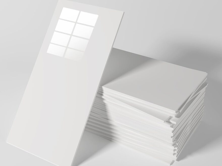 Peel and stick marble PVC waterproof tiles in white square panels with backing sheets stacked on a gray surface