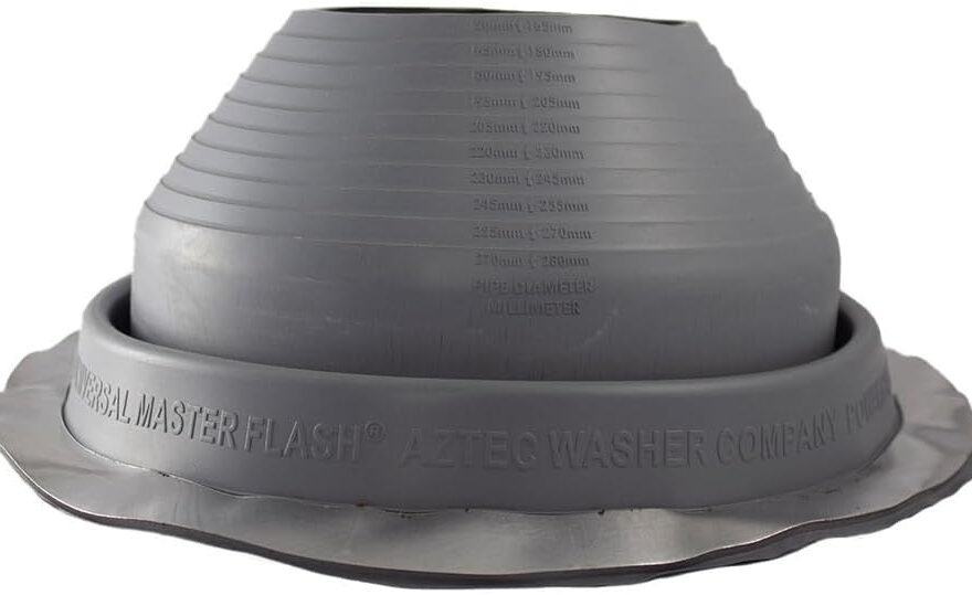 Gray EPDM pipe flashing boot with ribbed cone, cut-size markings, and flexible round base flange.