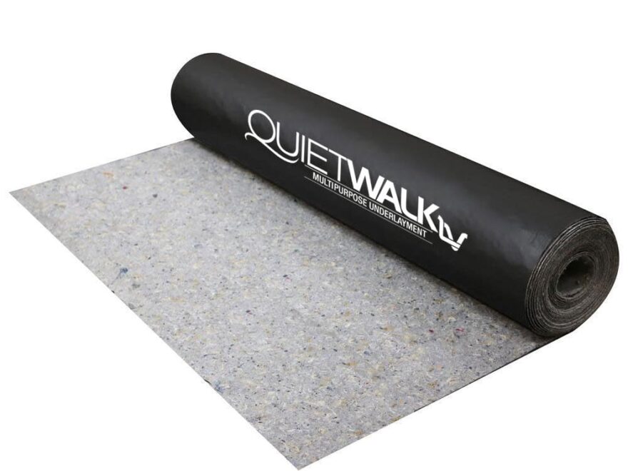 QuietWalk LV 360 Sq Ft Flooring Underlayment black roll with gray textured sheet partially unrolled