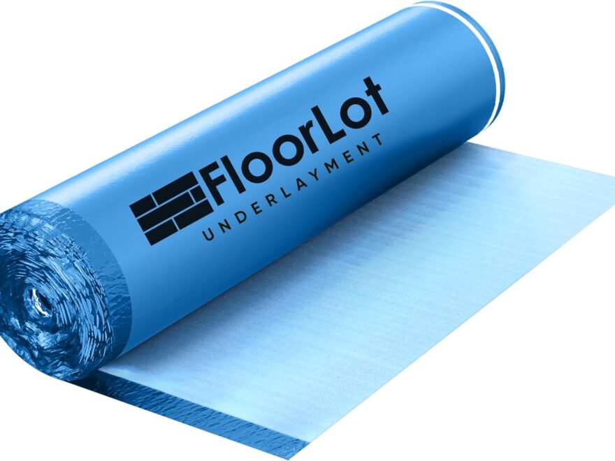 FLOORLOT BlueStep Underlayment with Moisture Barrier blue foam roll partially unrolled, showing smooth sheet surface