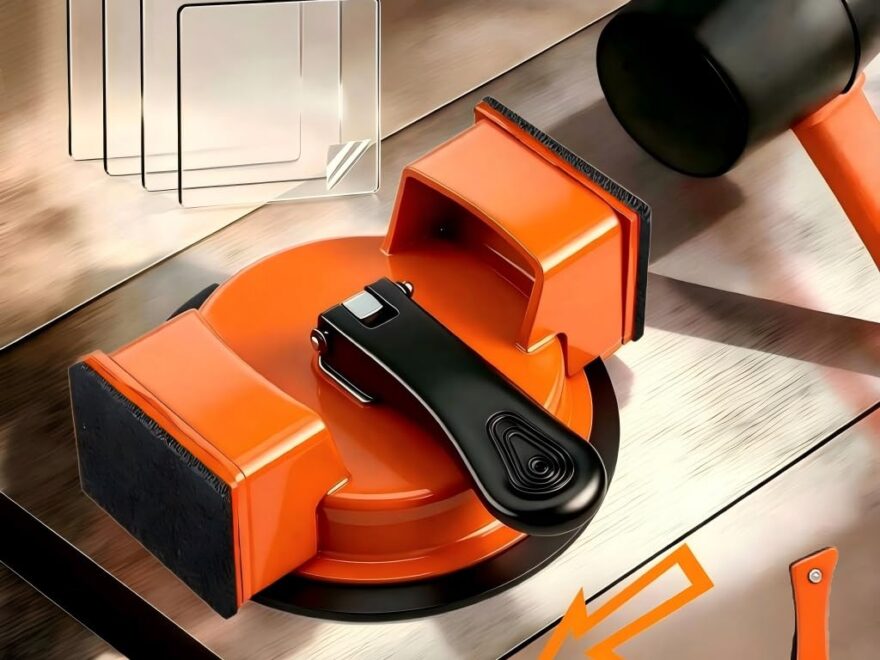 CufEslite Floor Gap Fixer Tool with quick lock handle, orange suction base, black pads, and mallet on wood flooring