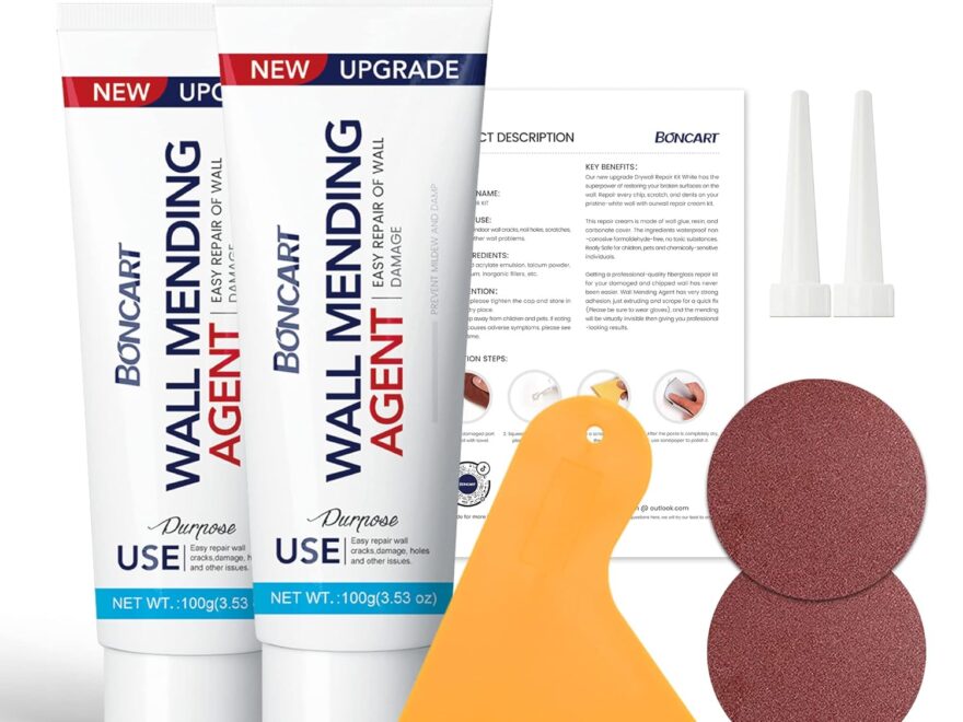 Drywall Repair Kit 2 Pack Wall Mending Agent tubes with scraper, sanding discs, nozzles, and instructions