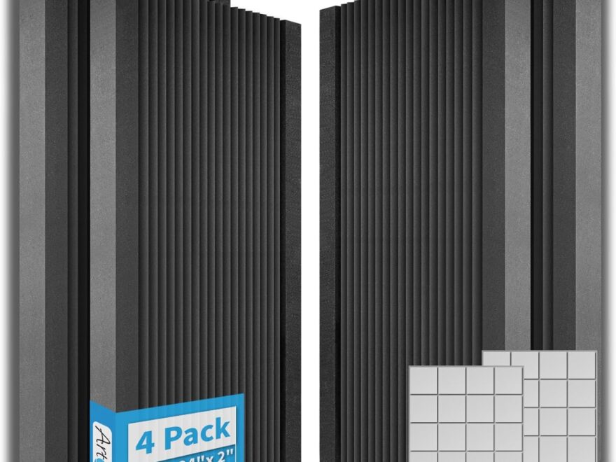 Art3d Wedge Design Acoustic Foam Panels, black textured wedge foam 4-pack with adhesive backing sheets