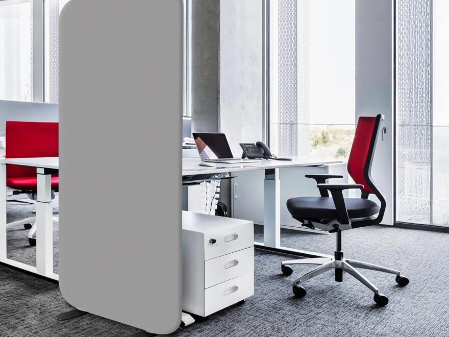 DECOLAB Standing Room Dividers Privacy Divider Panel Wall, gray fabric rounded screen in open office workspace