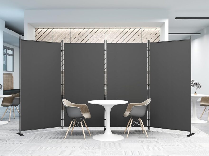 Helios&Hestia 4-panel 6 ft indoor folding room divider, dark fabric privacy screen in office seating area