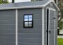 MHirmosy 14 x 21 flush mount shed window with black frame installed on a gray outdoor shed wall