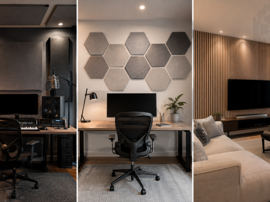 Different acoustic panel types including fabric, foam, felt, wood slat and freestanding panels