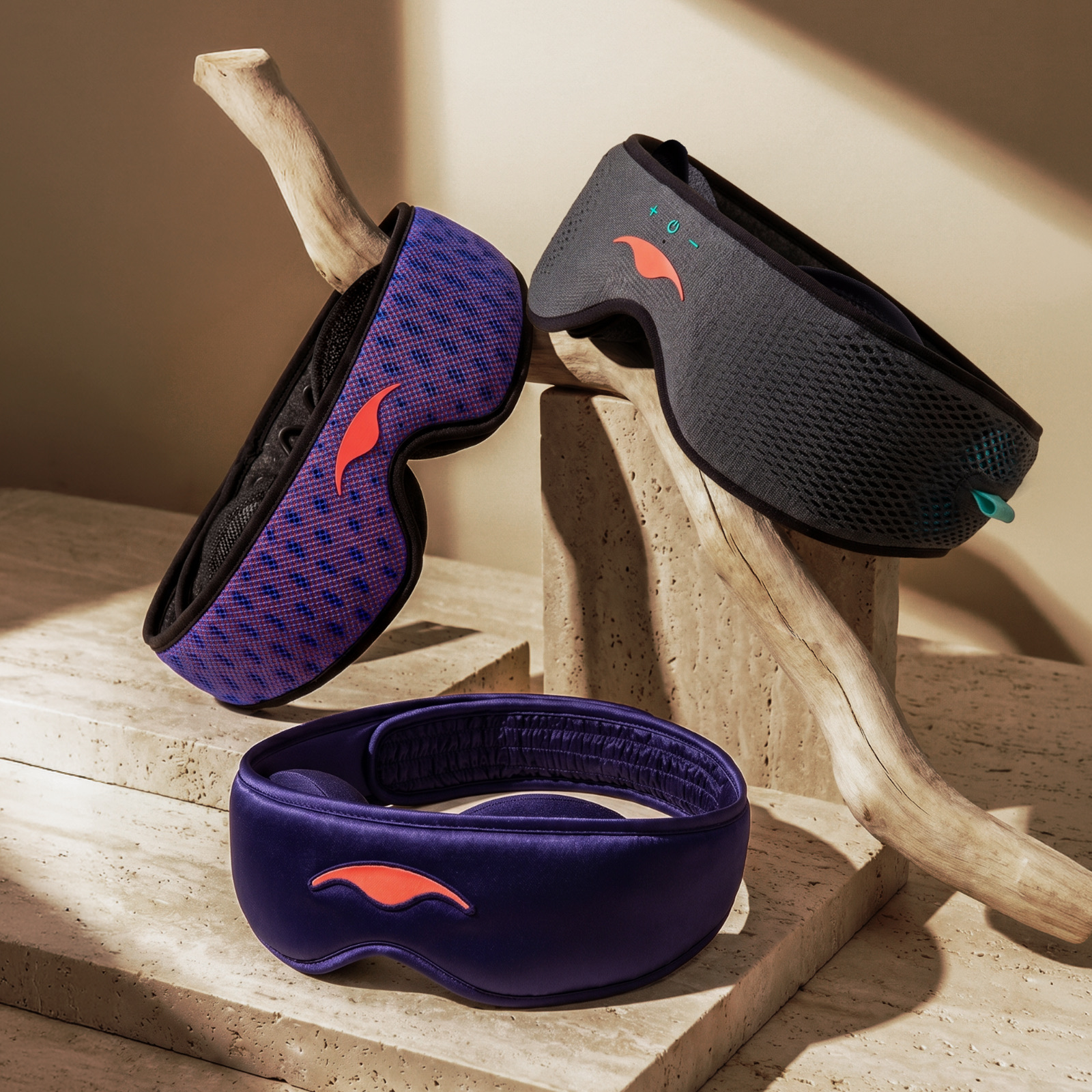 Manta Sleep mask lineup displayed in a studio product setting