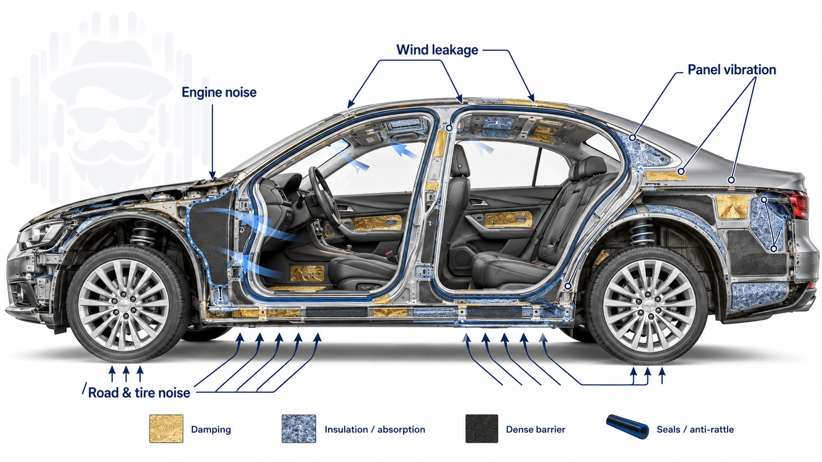 Cutaway diagram of a car showing road and tire noise, engine noise, wind leakage, and panel vibration, with labeled areas for damping, insulation and absorption, dense barrier, and seals or anti-rattle treatment.