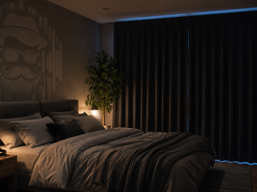 Person resting comfortably with a sleep mask in a calm bedroom setting