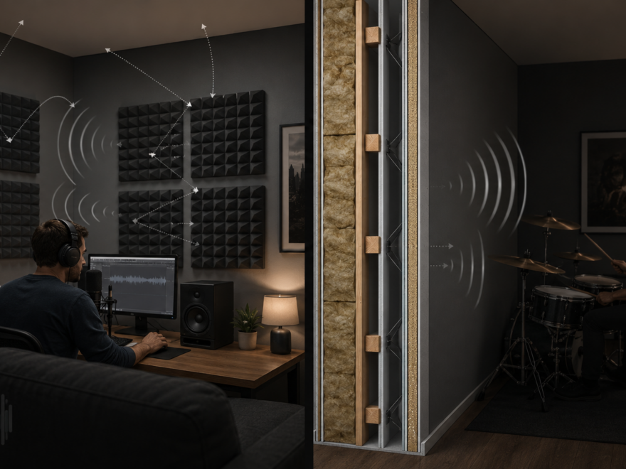 Acoustic foam reducing sound reflections inside a room compared with a wall assembly reducing sound transmission between rooms