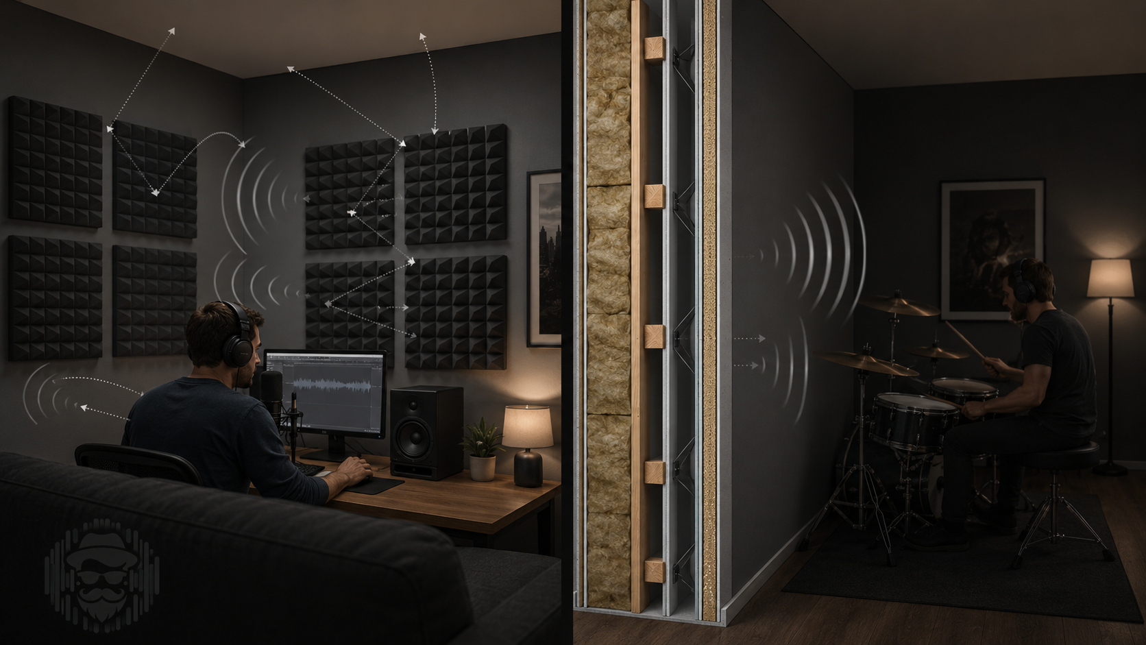 Acoustic foam reducing sound reflections inside a room compared with a wall assembly reducing sound transmission between rooms