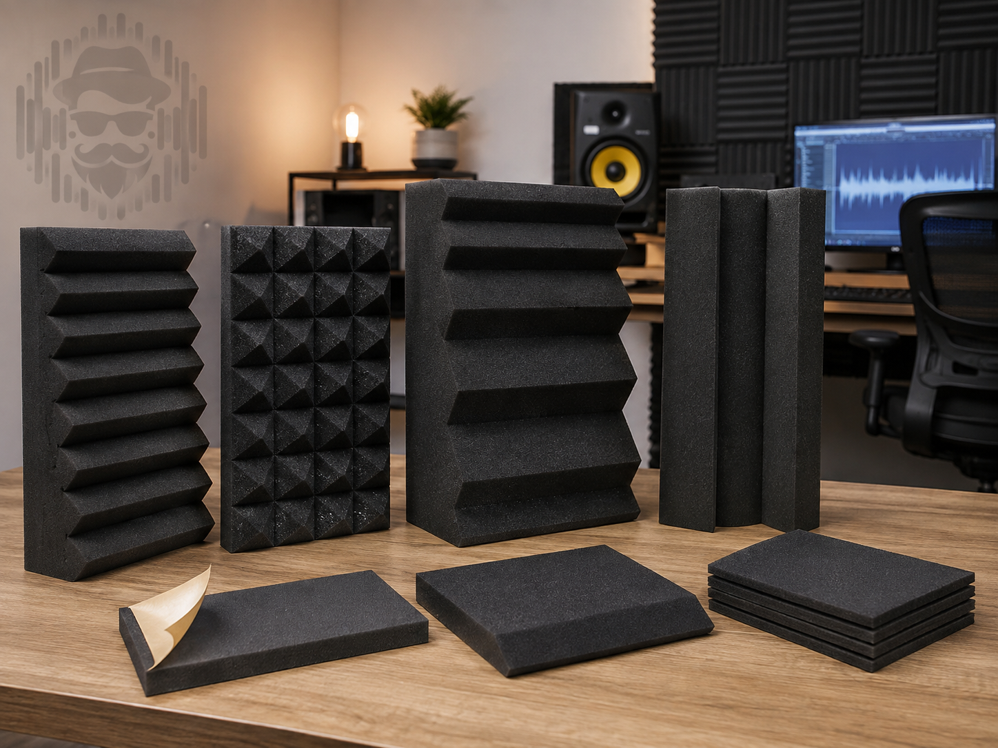 Common acoustic foam formats including wedge foam, pyramid foam, corner bass trap foam, and flat self-adhesive foam tiles shown in a home studio setting.