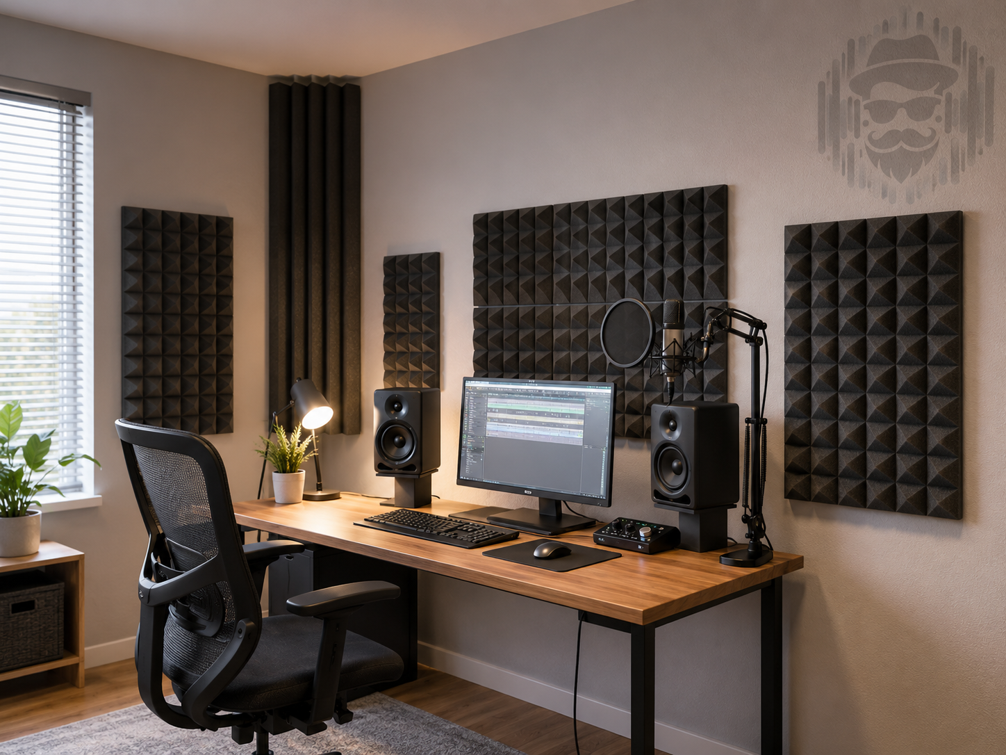 Acoustic foam panels placed on walls around a desk setup to reduce echo and reflections