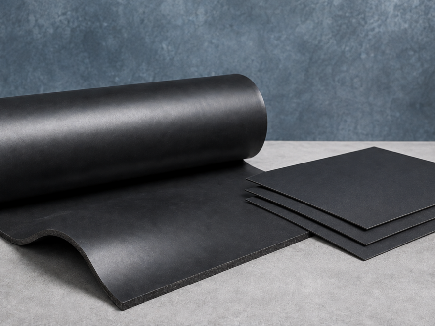Heavy black mass loaded vinyl roll beside thin pre-cut MLV tiles for an ArrowZoom MLV review