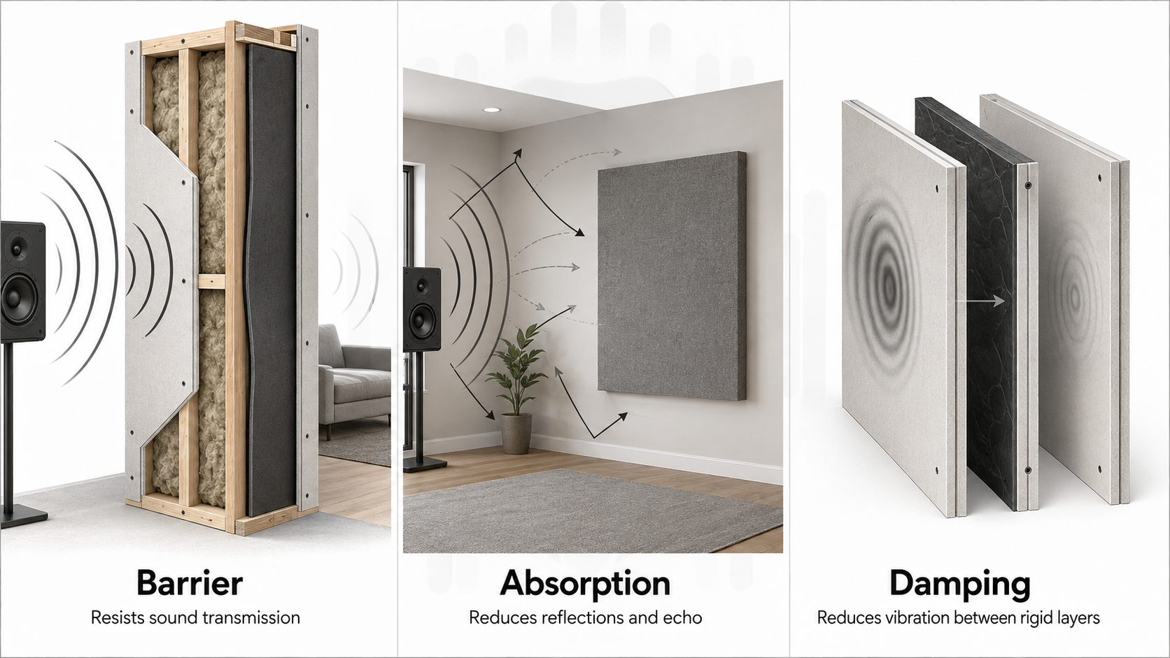 Three-panel infographic comparing barrier, absorption, and damping in sound control, showing a wall barrier assembly, an acoustic wall panel reducing echo, and damping between rigid layers.