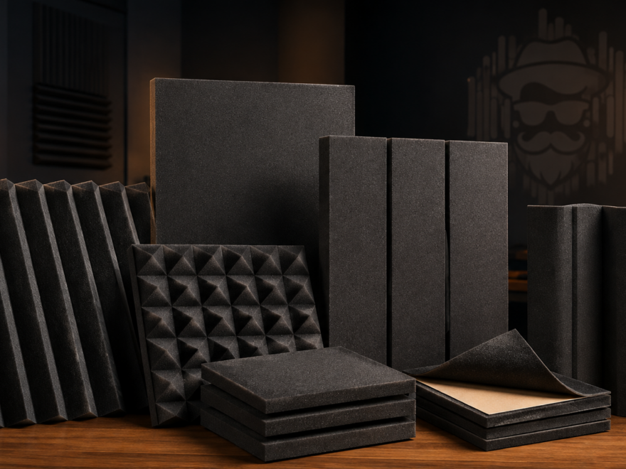 Different acoustic foam wall-treatment formats including wedge, pyramid, flat and self-adhesive foam panels