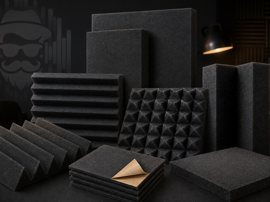 Different acoustic foam types including wedge foam, pyramid foam, flat self-adhesive tiles, thick foam panels, and corner bass trap foam for home studios, offices, and everyday rooms.