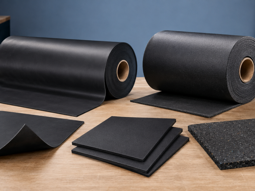Mass loaded vinyl rolls, flexible sheets, tiles and recycled rubber sound barriers compared on a workbench