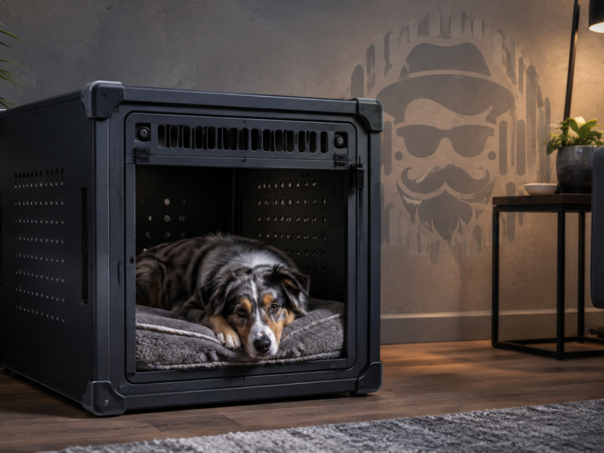 Dog resting inside a ventilated sound-reducing crate in a quiet home