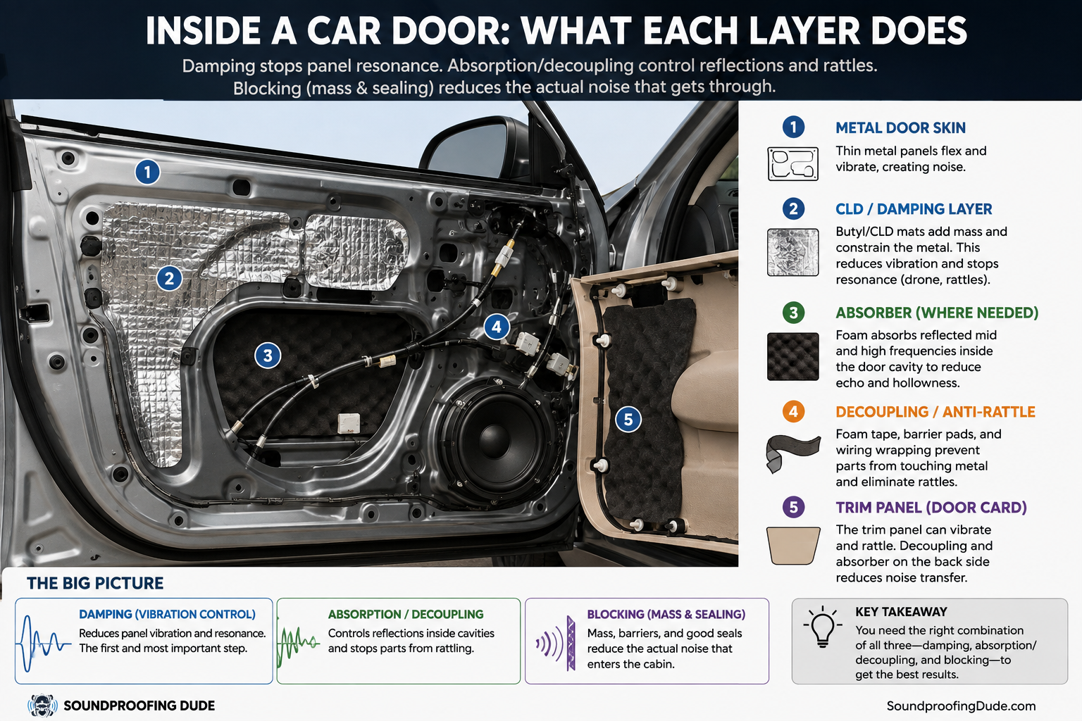 Car door cutaway showing metal skin, damping mat, absorber, anti-rattle treatment and trim panel
