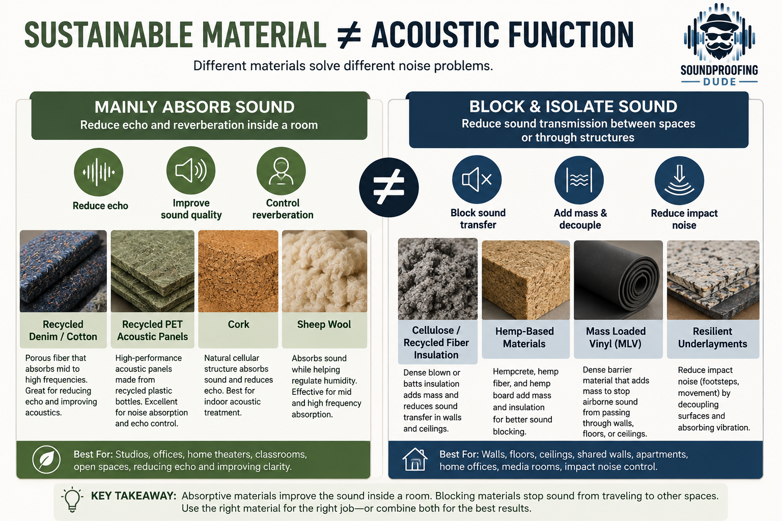 Infographic comparing sound-absorbing materials with materials used to block and isolate sound