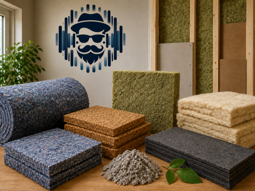 Eco-friendly soundproofing materials including recycled denim, cork, wool and acoustic panels