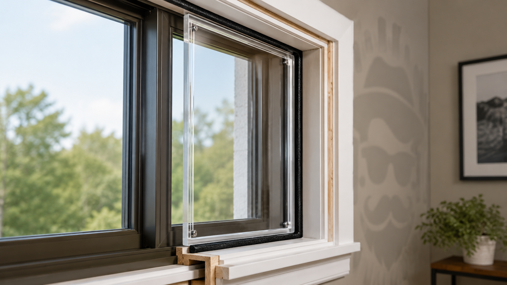 Interior acrylic window insert with an air gap and compressible perimeter seal