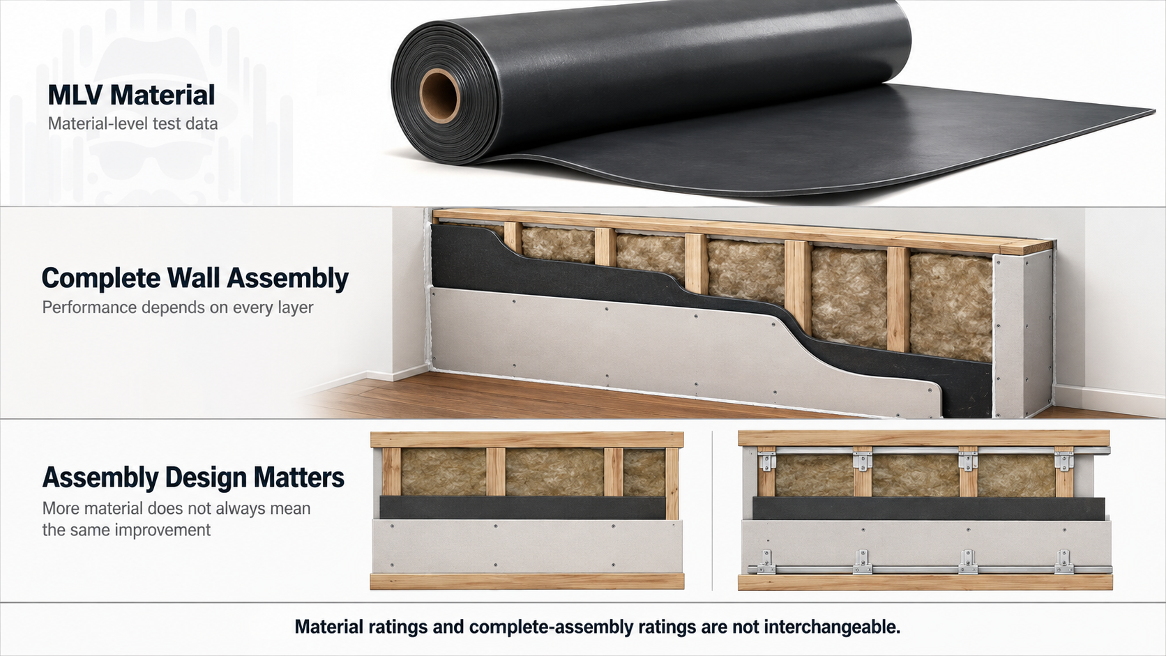 Infographic comparing mass loaded vinyl material with complete wall assemblies, showing that acoustic performance depends on insulation, drywall, framing, isolation and other assembly layers.