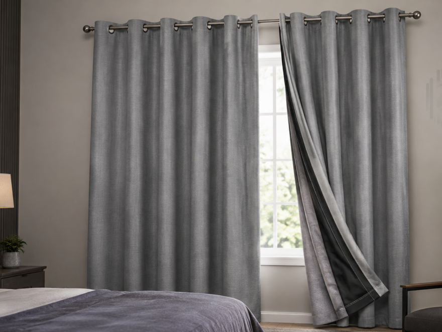 Grey grommet blackout curtain with layered backing installed over a bedroom window