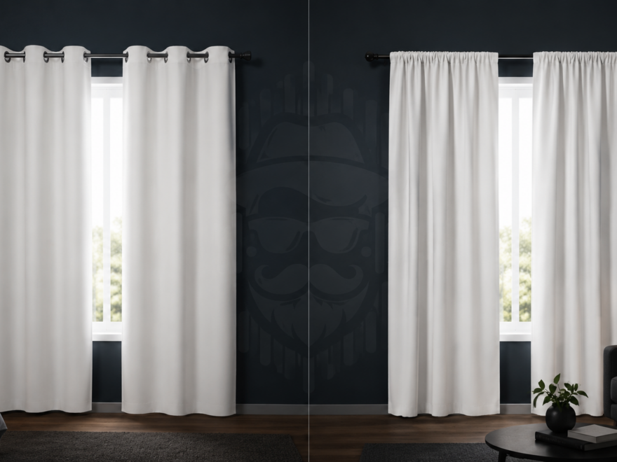 White blackout curtains compared side by side with a grommet header on the left and a rod-pocket header on the right