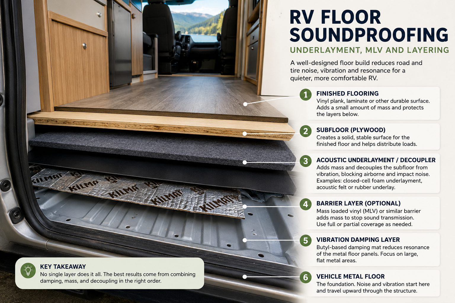 RV floor soundproofing diagram showing finished flooring, plywood subfloor, acoustic underlayment, optional MLV, vibration damping and vehicle metal floor