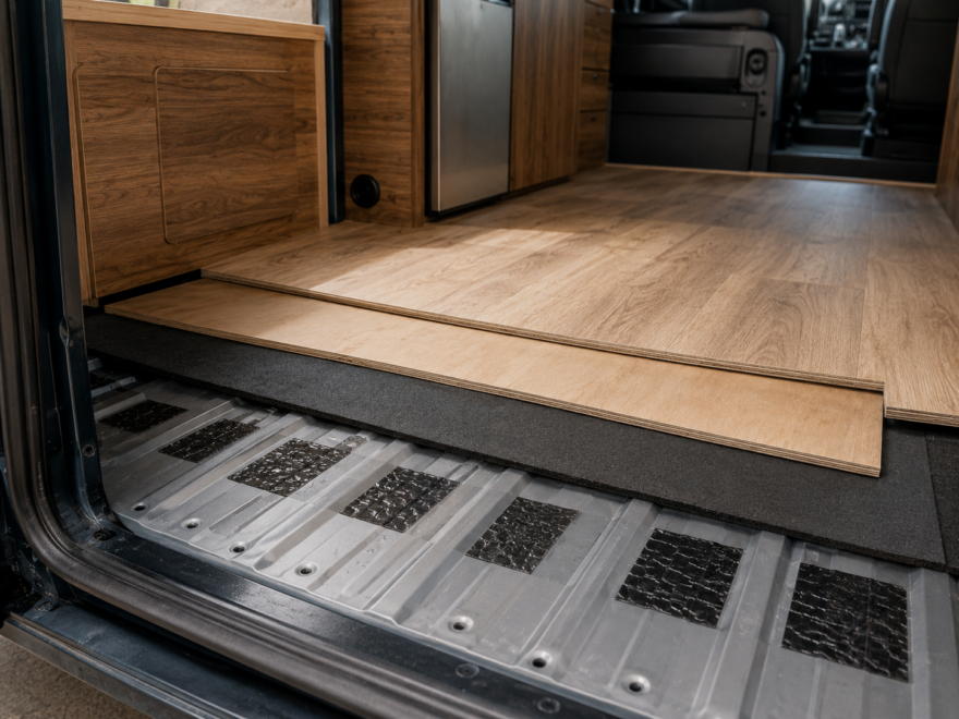 RV floor soundproofing with damping material, acoustic underlayment and plywood subfloor